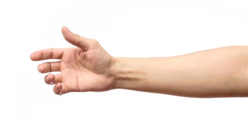 Man stretching hand to handshake isolated on a white background