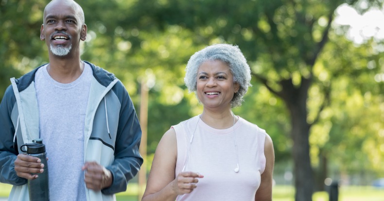 Senior african american couple jogs together